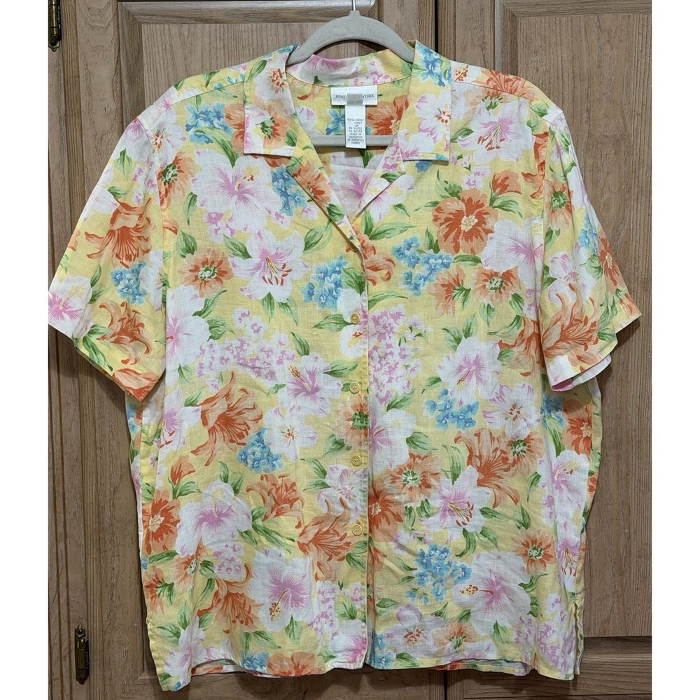 Jones New York Sport 100% Linen Floral Blouse Sz 1X Yellow Button Up Hawaiian
